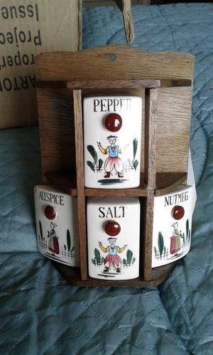 VINTAGE SPICE CONTAINERS IN WOODEN CORNER UNIT