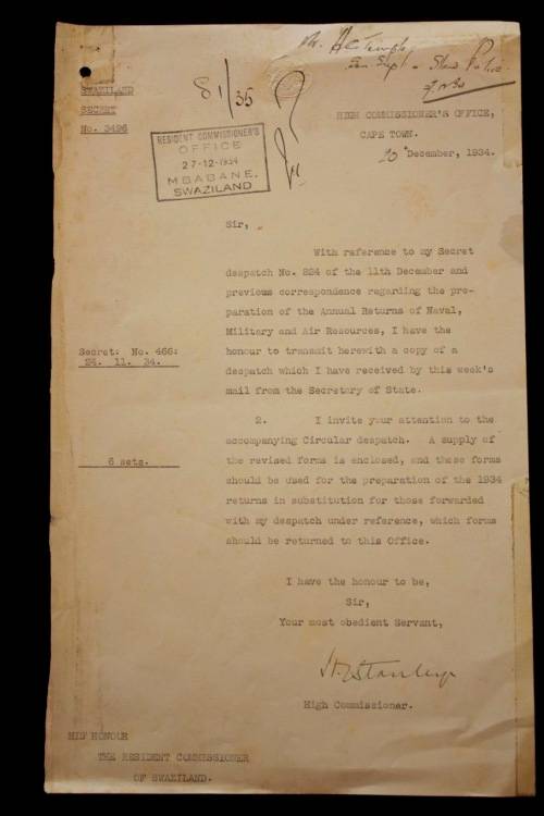 Secret document signed by the High Commissioner in S.A. Sir Herbert James Stanley