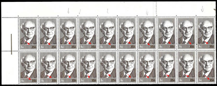 1975 Diederichs 4c, Very Large Colour Shift, Block of  20, Scarce