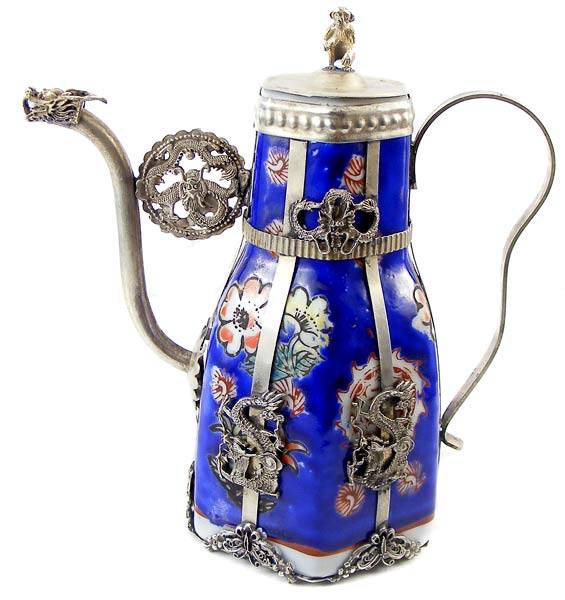 Vintage Handcrafted Tibetan Porcelain/Silver Flagon!