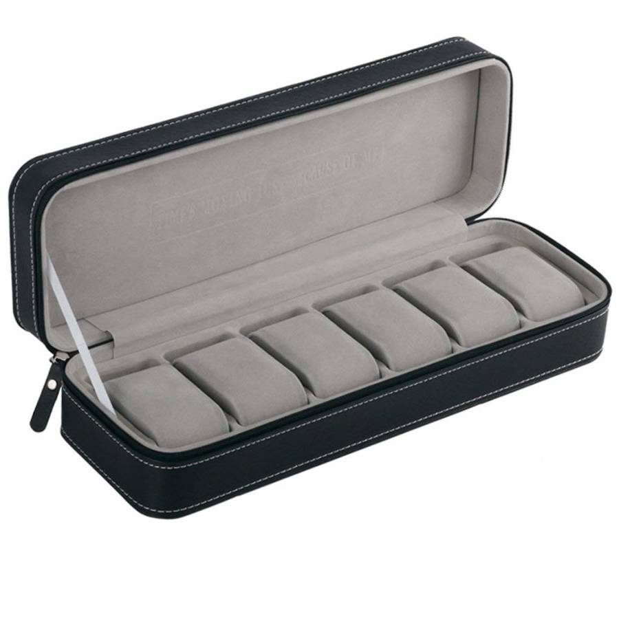Watch/ Jewellery Storage, Organizer - Black Leatherette Case - 6 Slots