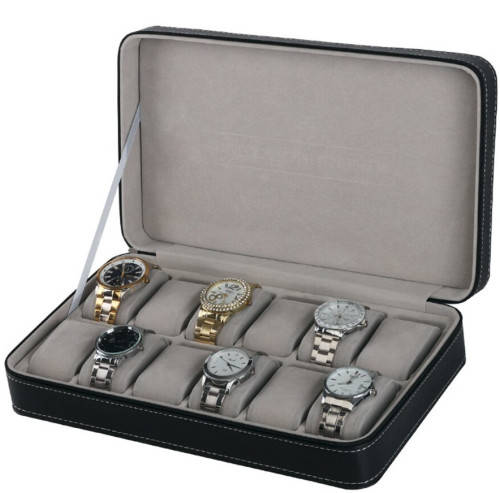 Watch/ Jewellery Storage, Organizer - Black Leatherette Case - 12 Slots