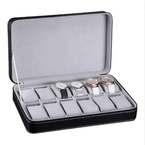 Watch/ Jewellery Storage, Organizer - Black Leatherette Case - 12 Slots