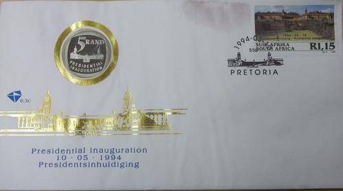 1994 presidential inauguration R5 coin & water damaged on envelope coin 100%