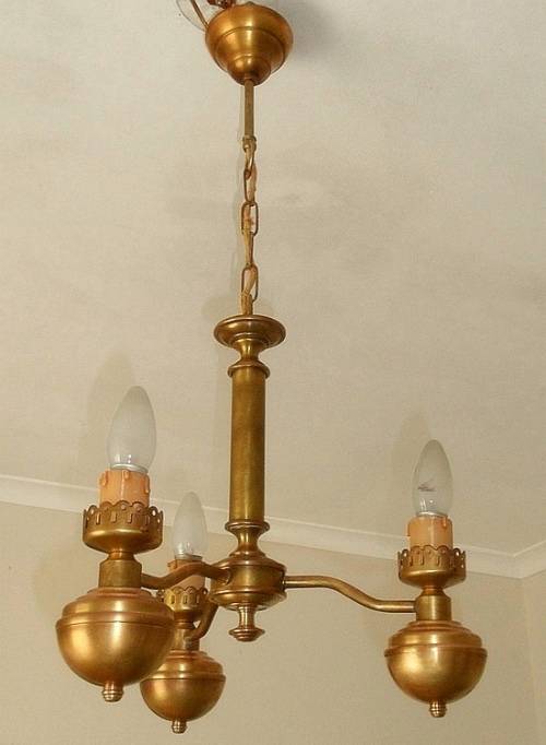 SOLID BRASS CHANDELIER  THREE ARMED ART DECO STYLE COMPLETE WITH  THREE LIGHT BULBS