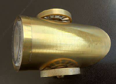 SWISS DESK CLOCK `THE CANNON` MADE BY BULER, CALENDAR WIND UP MOVEMENT BRASS CASE 1960`s WORKING