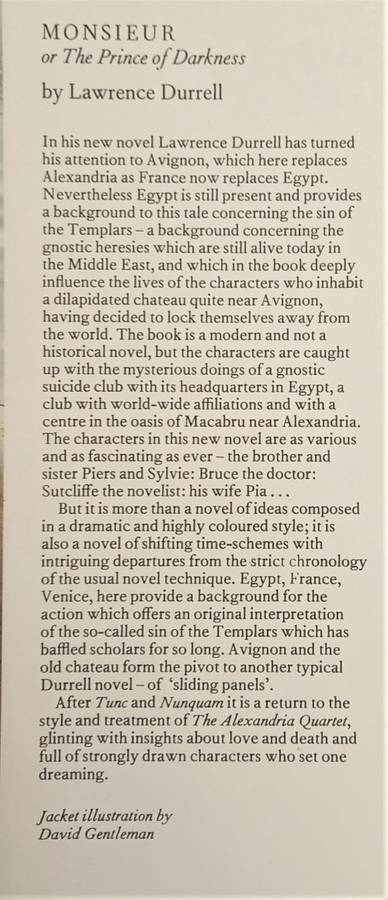 Lawrence Durrell, Monsieur, or the Prince of Darkness (1st edition)