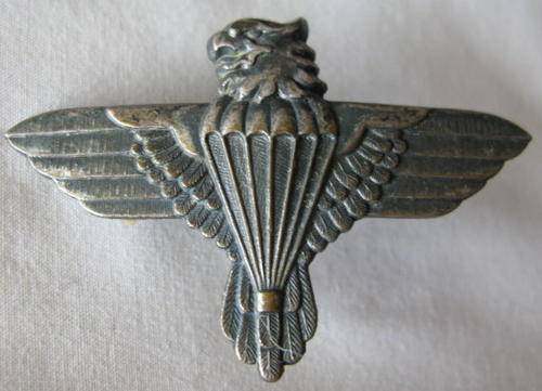 44 PARACHUTE BRIGADE, GREY METAL BERET BADGE.  APPROVED IN 1984.  2X SCREW LUGS.  ORIGINAL.