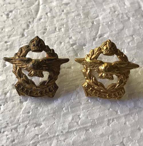 SAAF OFFICERS GILT MESS DRESS COLLAR BADGE PAIR-LUGS INTACT-WORN 1926- 1959