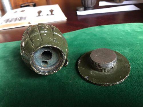 WW2 INERT,BRITISH MILLS HAND GRENADE- ON STAND