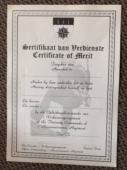 ORIGINAL 1 RECCE REGT. CERTIFICATE NOT AWARDED AND SOLD AS BLANK EXAMPLE