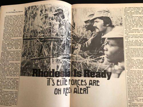 SUMMER 1976-COVER PAGE HAS RHODESIAN SOLDIER IN CAMMO FATIGUES WITH MAG AT THE READY WITH A HUT BURN