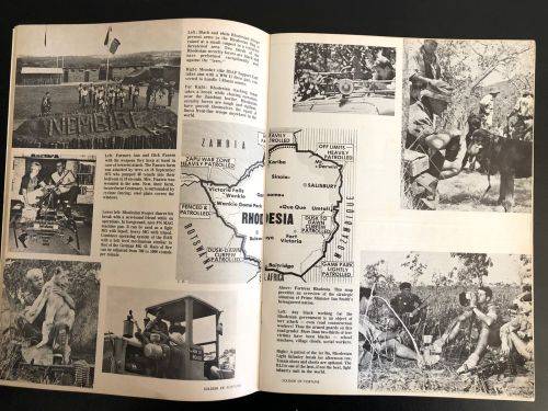 SUMMER 1976-COVER PAGE HAS RHODESIAN SOLDIER IN CAMMO FATIGUES WITH MAG AT THE READY WITH A HUT BURN