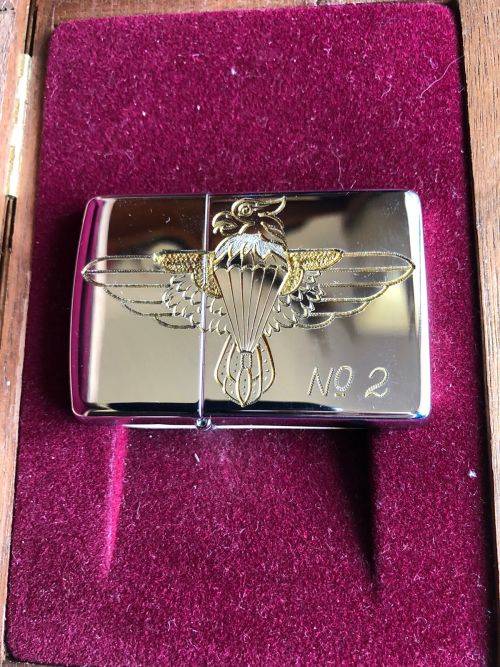 NUMBERED 44 PARA BATTALION ZIPPO LIGHTER- ENGRAVED AND IN AN AMERICAN WALNUT DISPLAY BOX-CONDITION N