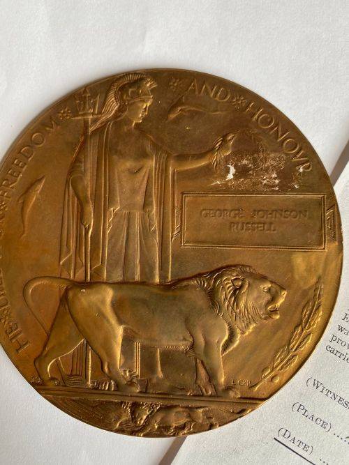 WW1 DEATH PLAQUE TO G.J. RUSSELL 4TH REGT. SA INFANTRY-DIED 12/04/1917-BURRIED BROWNS CORPSE 4 MILES