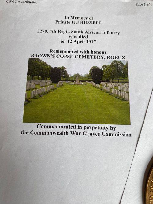 WW1 DEATH PLAQUE TO G.J. RUSSELL 4TH REGT. SA INFANTRY-DIED 12/04/1917-BURRIED BROWNS CORPSE 4 MILES