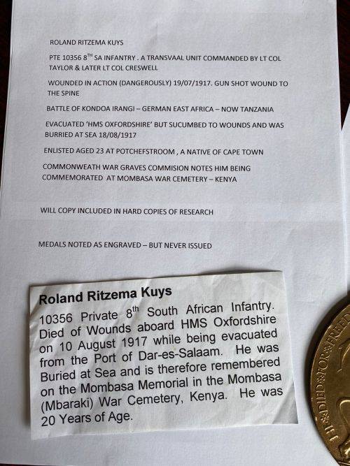 WW1 DEATH PLAQUE FOR ROLAND RITZEMA KUYS 8TH SA INFANTRY ,A TRANSVAAL UNIT WOUNDED IN ACTION DANGERO