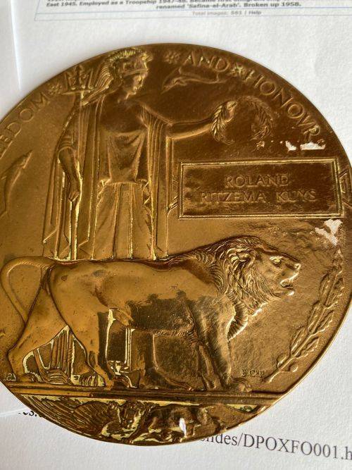 WW1 DEATH PLAQUE FOR ROLAND RITZEMA KUYS 8TH SA INFANTRY ,A TRANSVAAL UNIT WOUNDED IN ACTION DANGERO
