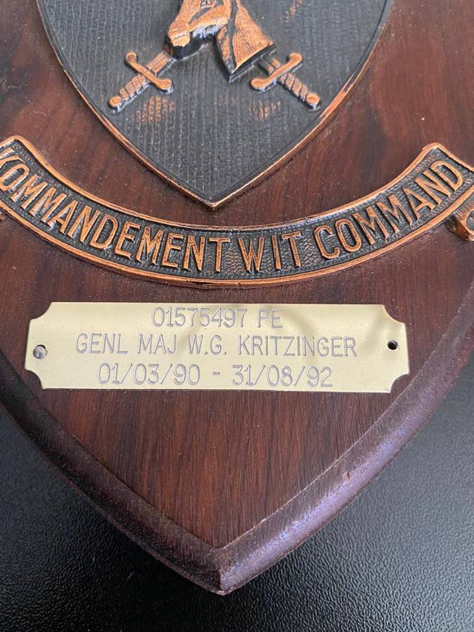 PLAQUE TO GENL. MAJ. W.G. KRITZINGER