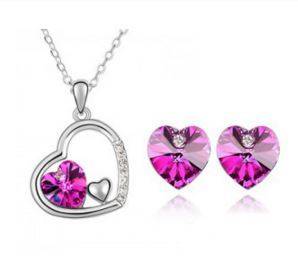 Elegant 925 Silver Plated Floating Heart Love Juwellery Set With Austrian Crystals - Pretty Pink