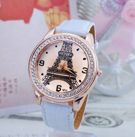 Luxury Leather Paris Eiffel Tower Inprint Crystal Ladies Wrist Watch In White