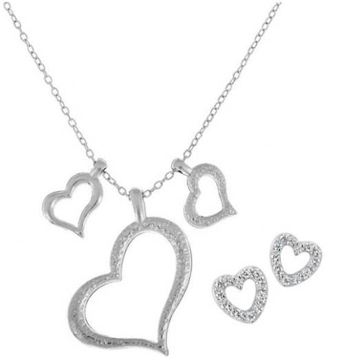 Elegant Silver Plated Tripple Heart Pendant Necklace & Crystal Heart Shaped Earrings