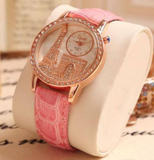 Luxury Rosegold Paris Eiffel Tower Rhinestone Ladies Coral Leather Wrist Watch by Relogio Feminino