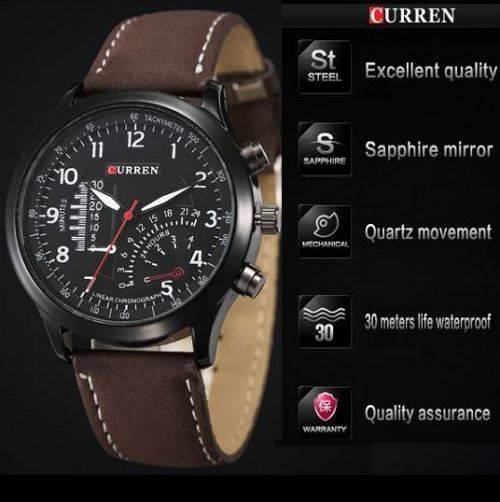 Excellent Quality Curren Sport Wrist Watch With Dark Brown Leather Strap & Sapphire Mirror