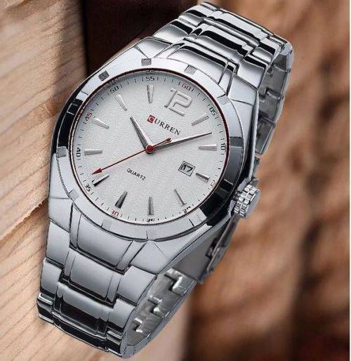 Elegant CURREN AUTO DATE Mens Quartz Wrist Watch With Stainless Steel Strap - Silver & White