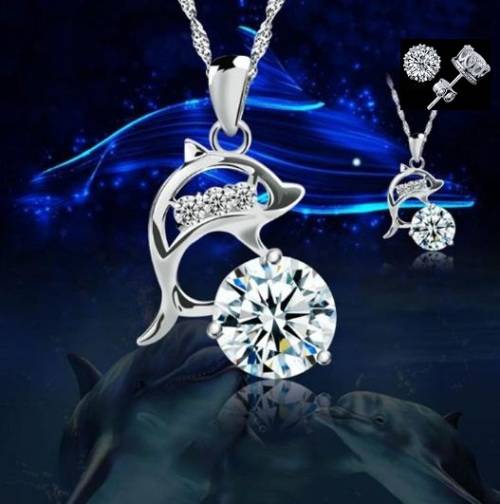 Elegant 925 Silver Cubic Zirconia Dolphin Pendant Jewelry Set in Complimentary GIFT BOX