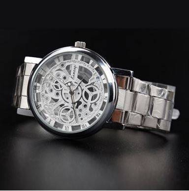 Elegant Men's Business Skeleton Stainless Steel Wrist Watch in Silver - Complimentary Gift Box