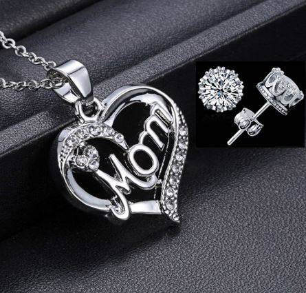 Elegant Jewelry Set With Rhinestone Mom Pendant in Complimentary Gift Box