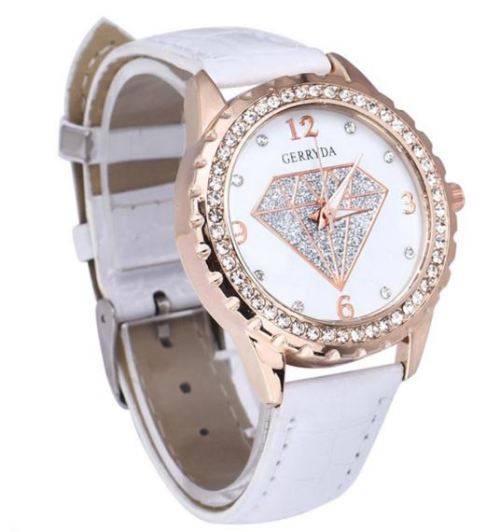 Elegant GERRYDA Ladies Leather Crystal Diamond Shaped Quartz Wrist Watch - Rosegold & White