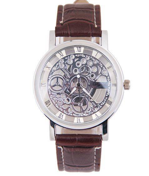 Trendy Men's Stainless Steel & Leather Skeleton Wrist Watch in Brown & Silver in Gift Box