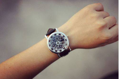 Trendy Men's Stainless Steel & Leather Skeleton Wrist Watch in Brown & Silver in Gift Box