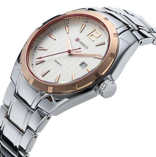 Elegant CURREN AUTO DATE Mens Quartz Wrist Watch With Stainless Steel Strap - White, Gold & Silver