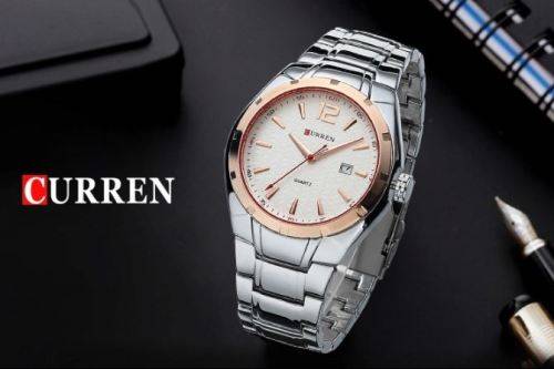 Elegant CURREN AUTO DATE Mens Quartz Wrist Watch With Stainless Steel Strap - White, Gold & Silver