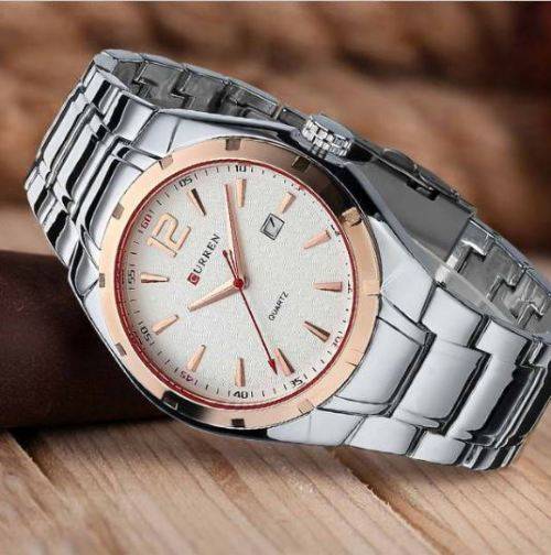 Elegant CURREN AUTO DATE Mens Quartz Wrist Watch With Stainless Steel Strap - White, Gold & Silver