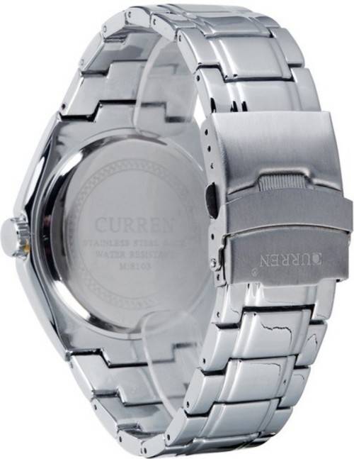 Elegant CURREN AUTO DATE Mens Quartz Wrist Watch With Stainless Steel Strap - White, Gold & Silver