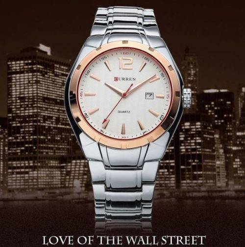 Elegant CURREN AUTO DATE Mens Quartz Wrist Watch With Stainless Steel Strap - White, Gold & Silver