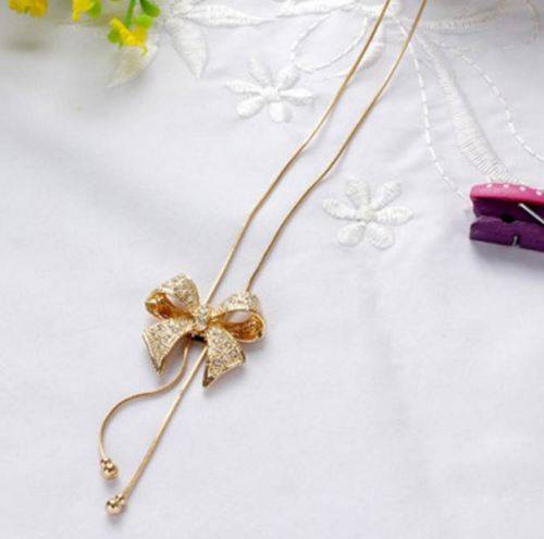 Elegant Gold OR Silver Plated Bow Necklace With Austrian Crystals