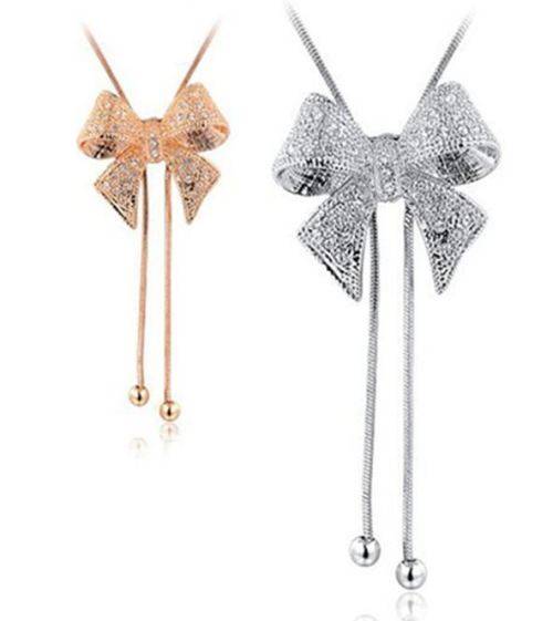 Elegant Gold OR Silver Plated Bow Necklace With Austrian Crystals