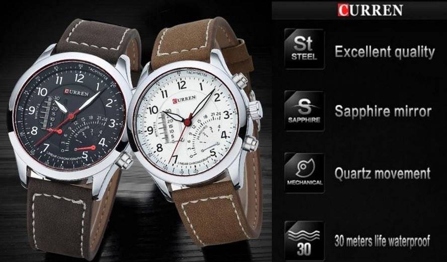 Elegant CURREN Military Leather Mens Wrist Watch - Black & Brown OR White & Brown