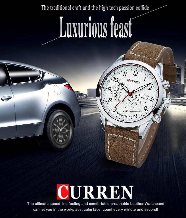 Elegant CURREN Military Leather Mens Wrist Watch - Black & Brown OR White & Brown