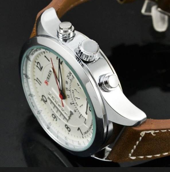 Elegant CURREN Military Leather Mens Wrist Watch - White & Brown