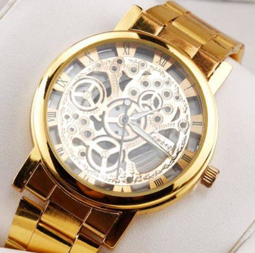 Business Men's Stainless Steel Skeleton Wrist Watch in Gold - Complimentary Gift Box