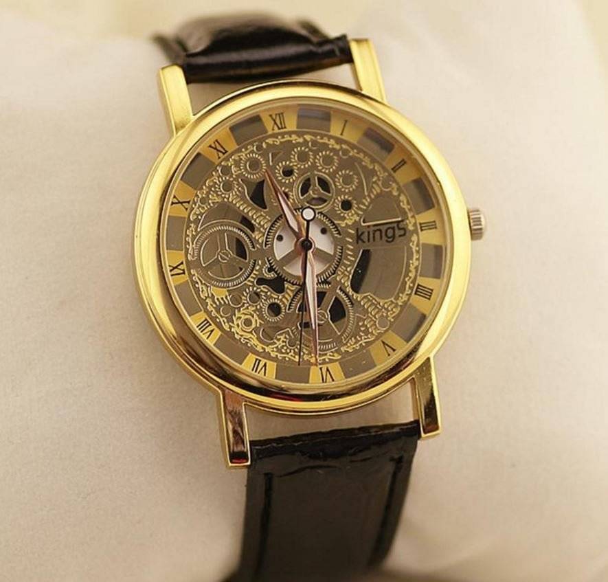 Trendy Men's Stainless Steel & Leather Skeleton Wrist Watch in Gold & Brown