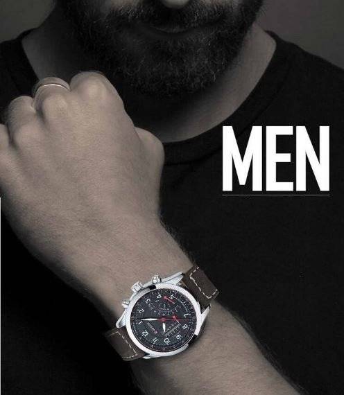 Elegant CURREN Military Leather Mens Wrist Watch - Black & Brown