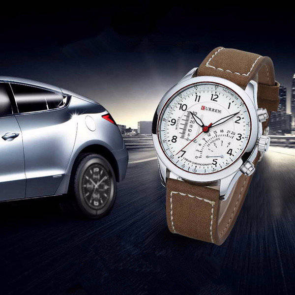 Elegant CURREN Military Leather Mens Wrist Watch - Black & Brown OR White & Brown