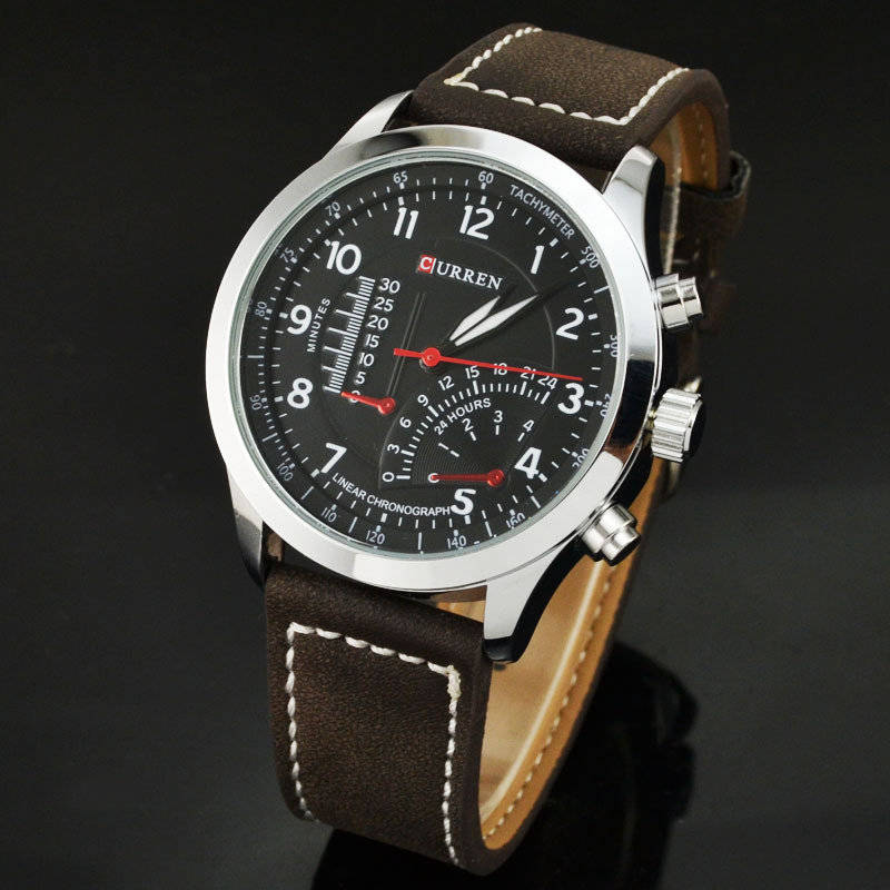 Elegant CURREN Military Leather Mens Wrist Watch - Black & Brown OR White & Brown
